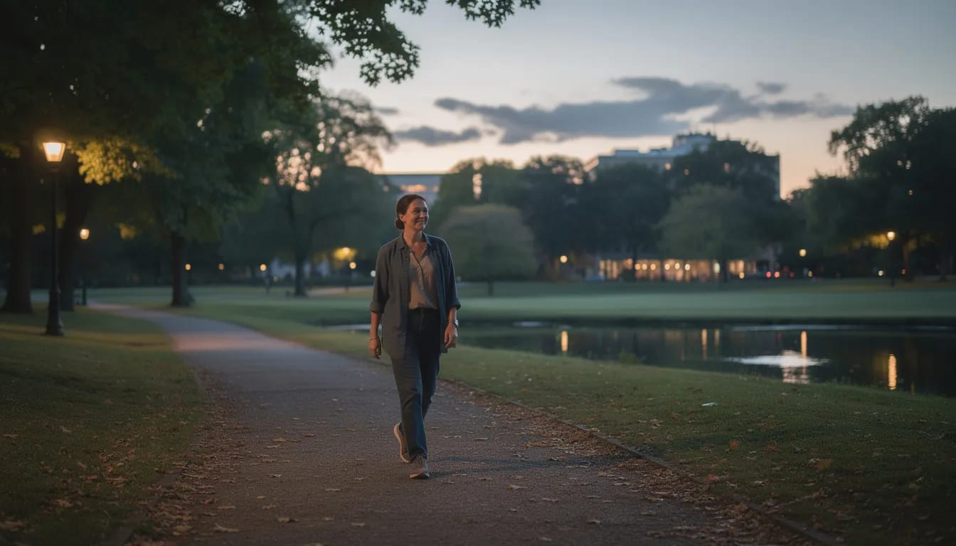 A person is enjoying a peaceful evening walk in a park after dinner, surrounded by greenery and soft lighting, which can help support digestive health and improve gut motility. The serene environment promotes relaxation, beneficial for those experiencing gastrointestinal motility disorders or irritable bowel syndrome.