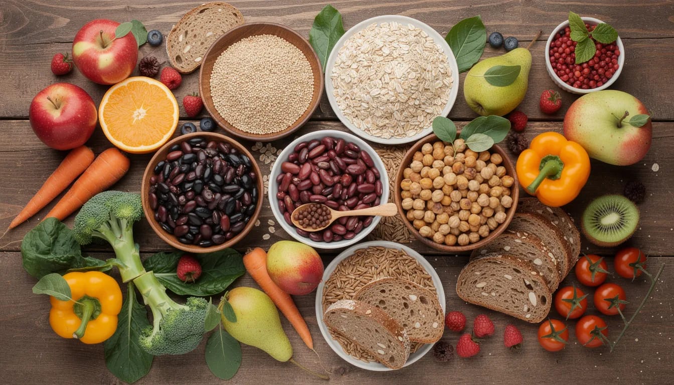 The image features a vibrant assortment of high-fiber foods, including beans, whole grains, fruits, and vegetables, beautifully arranged on a wooden table. These foods are essential for promoting gut health and improving gut motility, which can help alleviate issues such as irritable bowel syndrome and chronic constipation.