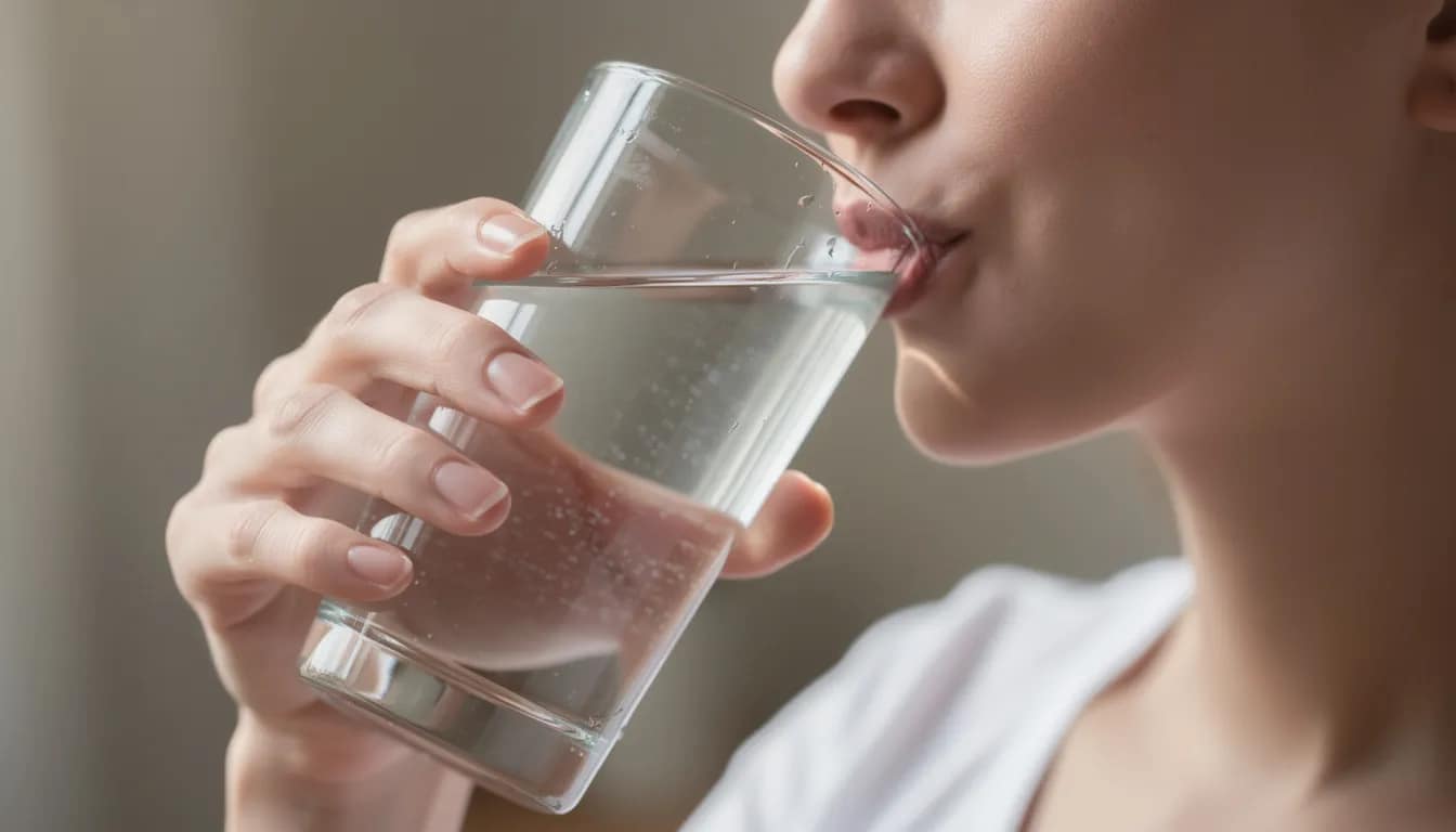 A person is holding and drinking a large glass of clear water, which is essential for maintaining digestive health and relieving constipation symptoms. Staying hydrated can help ease constipation and support healthy bowel movements, especially when combined with high fiber foods like whole grains and vegetables.