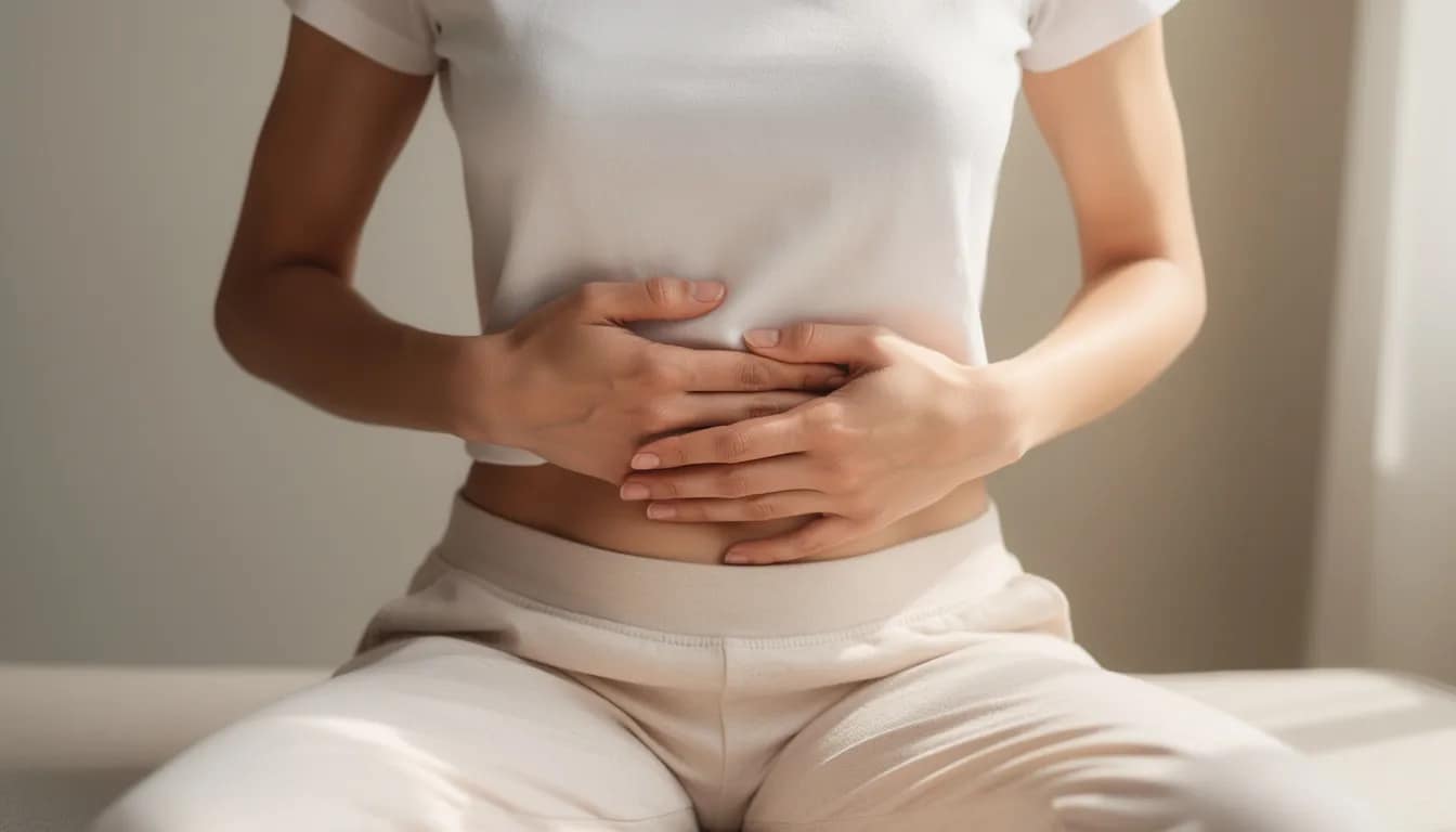 A person is gently massaging their abdomen in circular motions, which can help relieve constipation and promote regular bowel movements. This soothing action supports the digestive system and may alleviate symptoms of constipation by encouraging better blood flow and relaxation of the pelvic floor muscles.