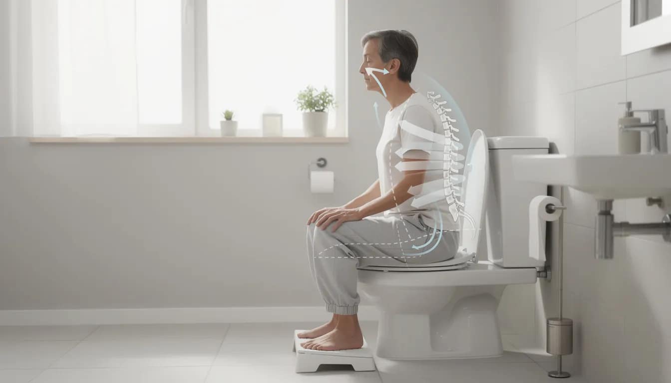 An individual is shown sitting on the toilet in a relaxed posture, demonstrating proper breathing techniques to facilitate a healthy bowel movement. This position helps prevent excessive straining and promotes pelvic floor health, ensuring a comfortable experience while passing stool.