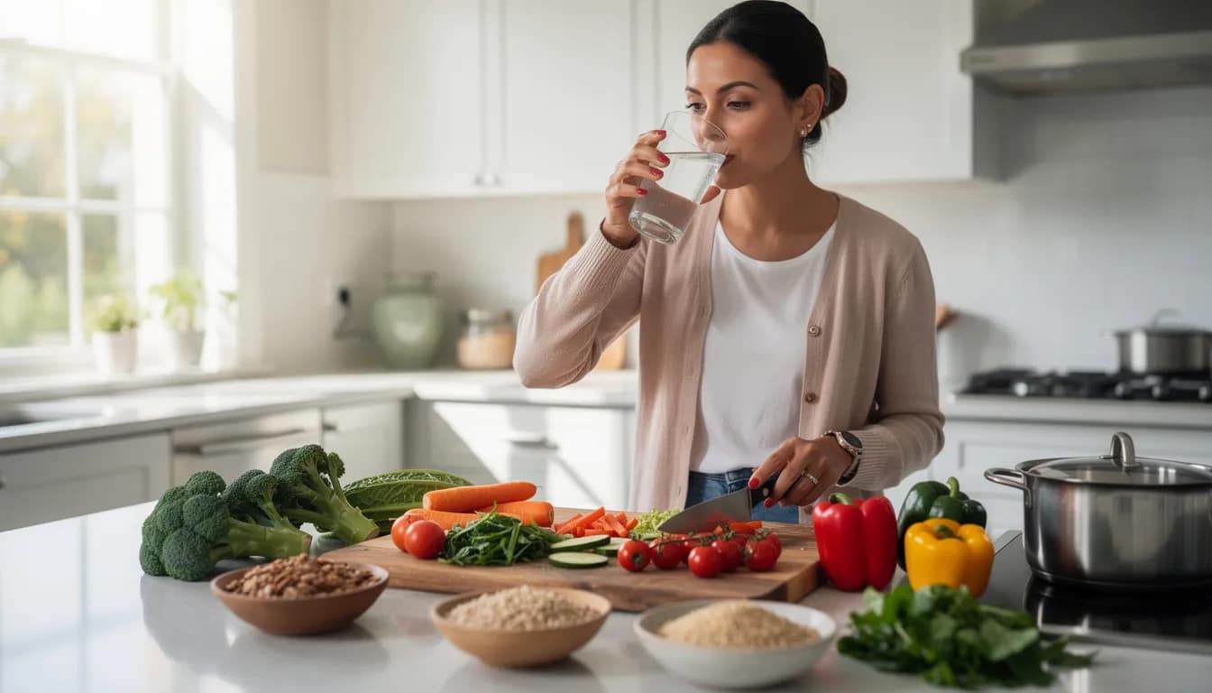 A person is seen drinking a glass of water while preparing a healthy meal that includes a variety of vegetables and whole grains, emphasizing the importance of hydration and fiber intake for promoting bowel regularity and relieving constipation. This scene highlights dietary changes that can help improve gut health and encourage regular bowel movements.