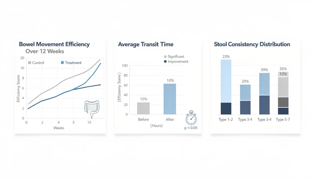 The image features scientific research charts that illustrate improvements in bowel movement efficiency, highlighting the impact of defecation posture modification devices on digestive health. The charts present data on bowel movement duration, complete bowel movements, and the role of pelvic floor muscles in managing digestive conditions like irritable bowel syndrome and chronic constipation.