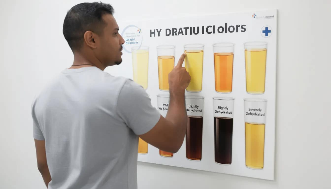 The image shows a person examining a hydration chart that compares urine colors, which can indicate their hydration level and overall health. Proper hydration is essential for a healthy digestive system, as it aids in the digestive process and helps prevent constipation.