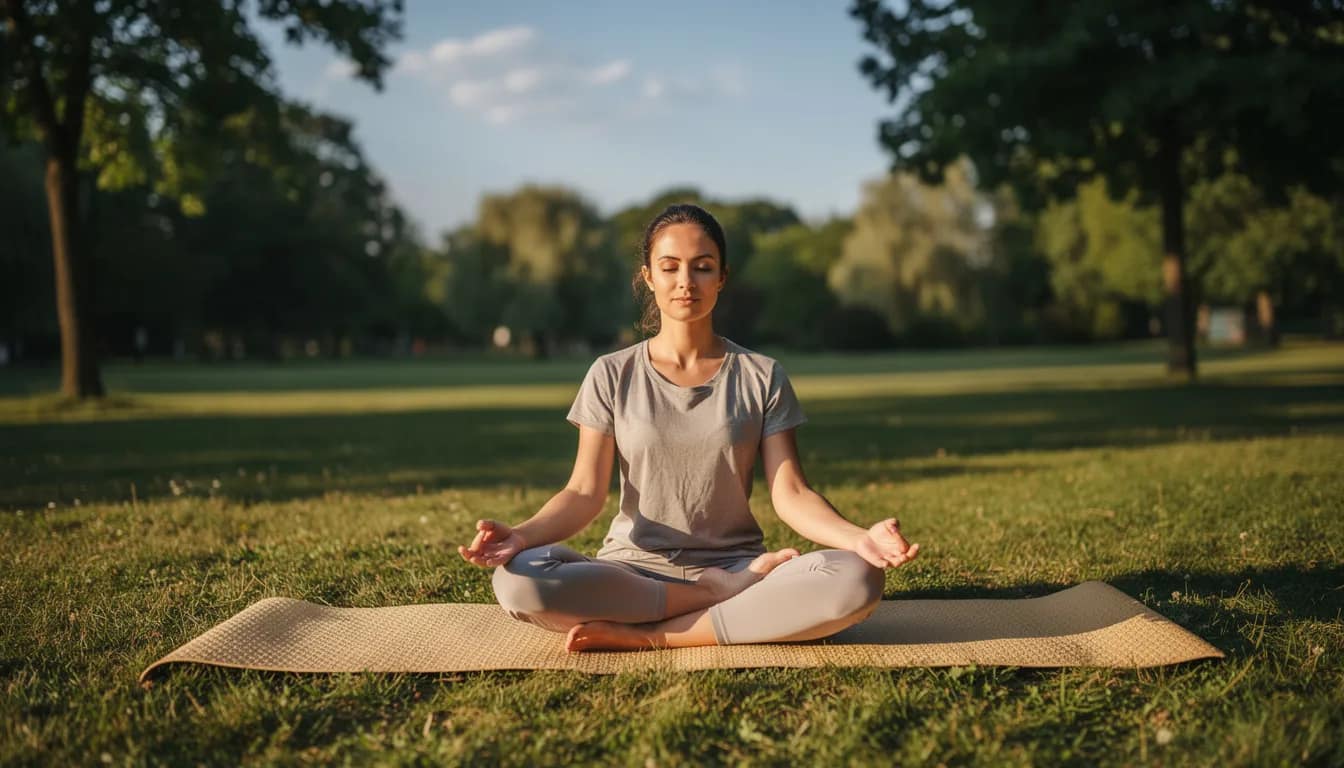 A person is practicing a comfortable yoga pose on a mat outdoors, promoting relaxation and mindfulness, which can help relieve constipation and support regular bowel movements. The serene environment encourages a connection to the body and digestive system, aiding in overall well-being.