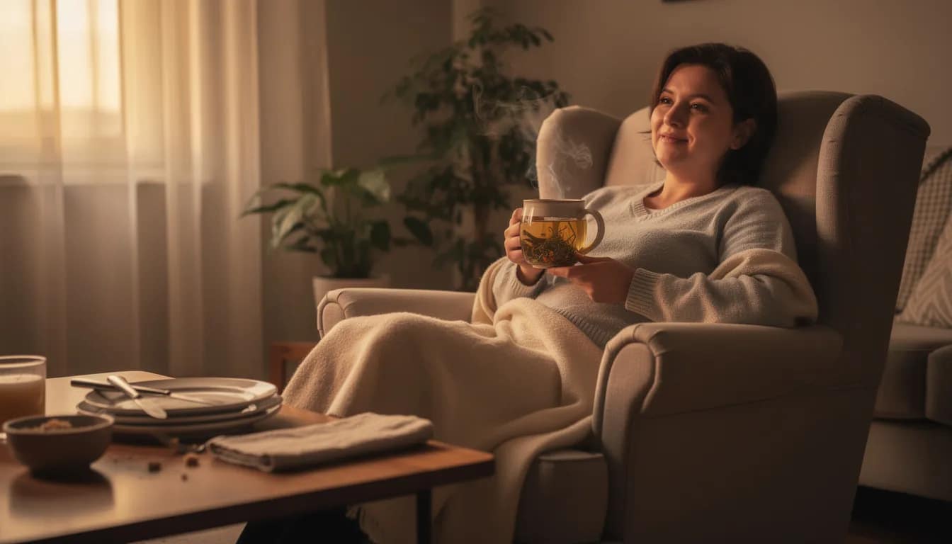 A person is seen relaxing comfortably in a cozy setting, holding a warm cup of herbal tea, which is known for its digestive benefits and calming effects. This moment promotes healthy digestion and supports gut health, providing a soothing end to their meal.