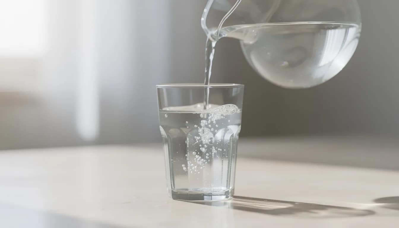 A clear glass of water is being poured from a pitcher, illustrating the importance of staying hydrated for optimal digestive health. Proper hydration aids the entire digestive process, helping the stomach and intestines effectively break down and absorb nutrients from food.