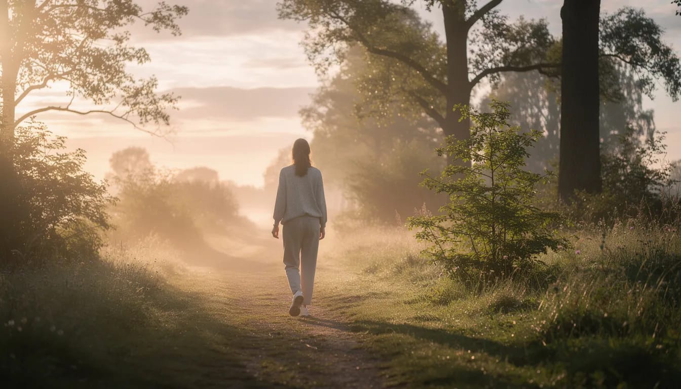 A person is taking a peaceful morning walk outdoors, enjoying the fresh air and nature, which can be a great way to promote regular bowel movements and relieve constipation. The serene environment encourages mindfulness and can contribute to better digestive health.