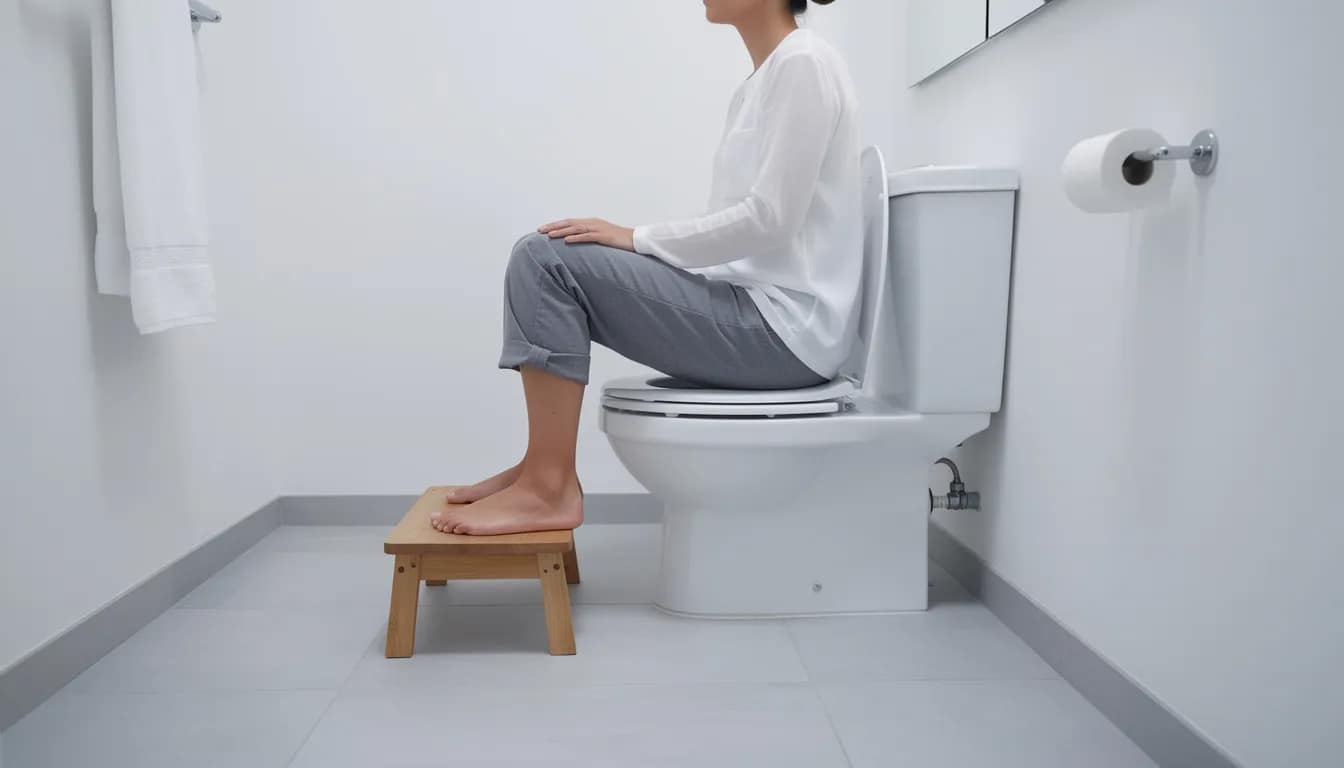 The image depicts a person sitting on a toilet with their feet resting on a footstool, which can help promote bowel regularity and relieve constipation. This position encourages easier bowel movements and may assist those experiencing digestive issues or occasional constipation.