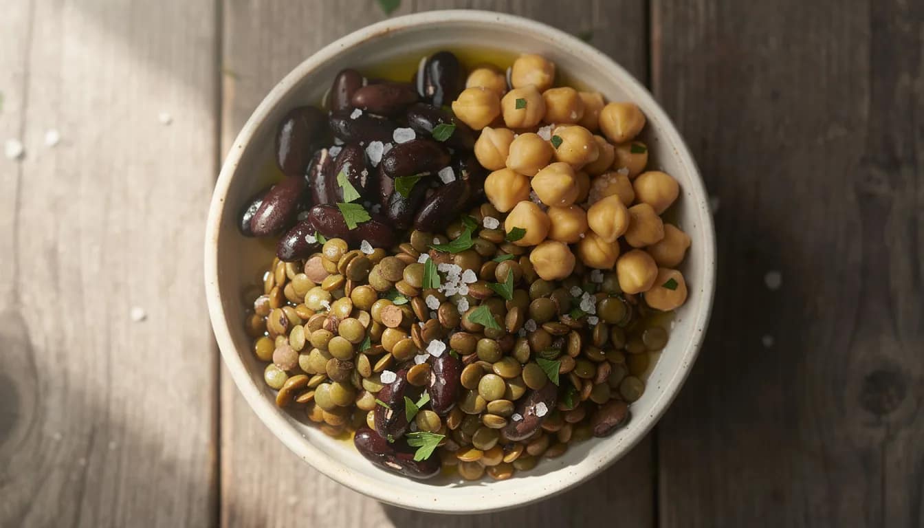 A vibrant bowl filled with a colorful mix of black beans, chickpeas, and lentils, showcasing high fiber foods that promote healthy gut bacteria and overall gut health. This nutritious combination supports digestive health and can help alleviate digestive problems such as constipation.