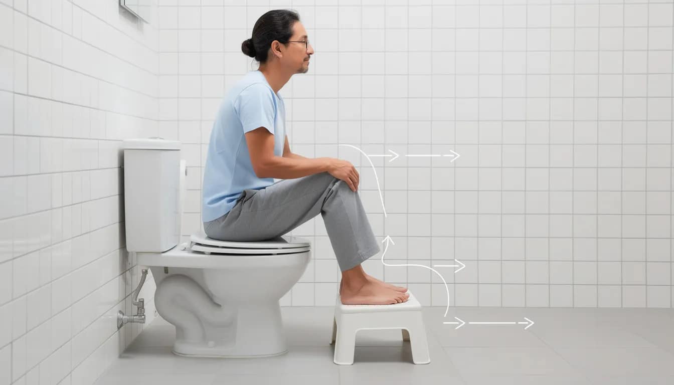 A person is sitting on a toilet with their feet elevated on a small stool, demonstrating the squatting position that can help relieve constipation and promote bowel regularity. This proper positioning encourages easier bowel movements by aligning the digestive tract for effective stool passage.