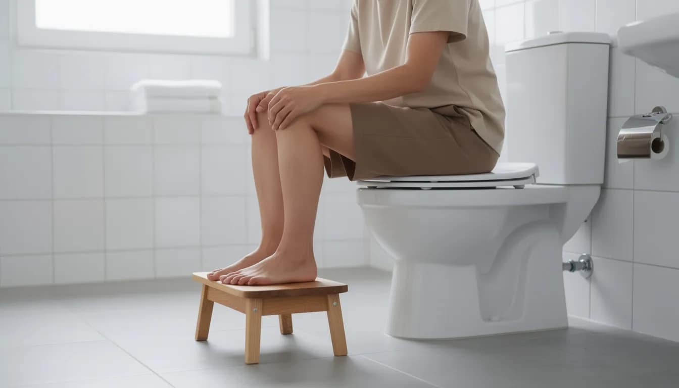A person is sitting on a modern white toilet, with their feet elevated on a small wooden stool, knees positioned above hip level, in a bright bathroom. This defecation posture modification device promotes better digestive health by allowing for a more natural squatting position, which can ease bowel movements and support pelvic floor muscles.