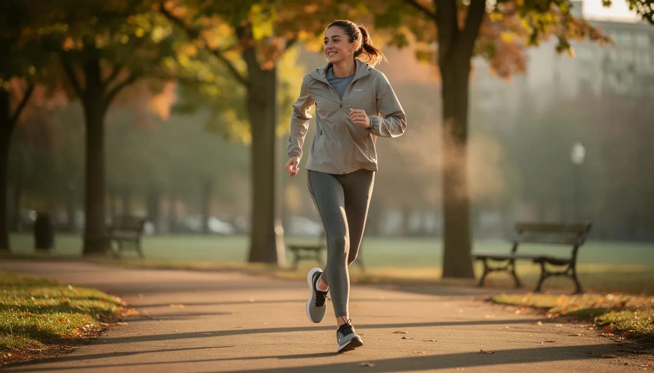 A person is taking a brisk walk outdoors, enjoying the fresh air and sunlight, which can help promote bowel regularity and relieve constipation. Regular physical activity, like walking, is beneficial for the digestive system and can encourage bowel movements.