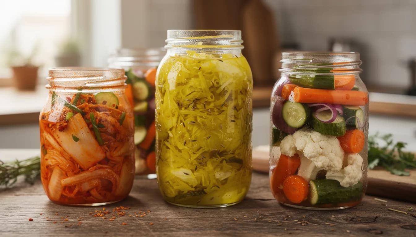 The image features glass jars filled with vibrant, colorful fermented foods such as sauerkraut, kimchi, and pickled vegetables, which are known to promote gut health and support beneficial gut bacteria. These nutrient-rich foods are essential for maintaining a healthy gut microbiome and improving overall digestive health.