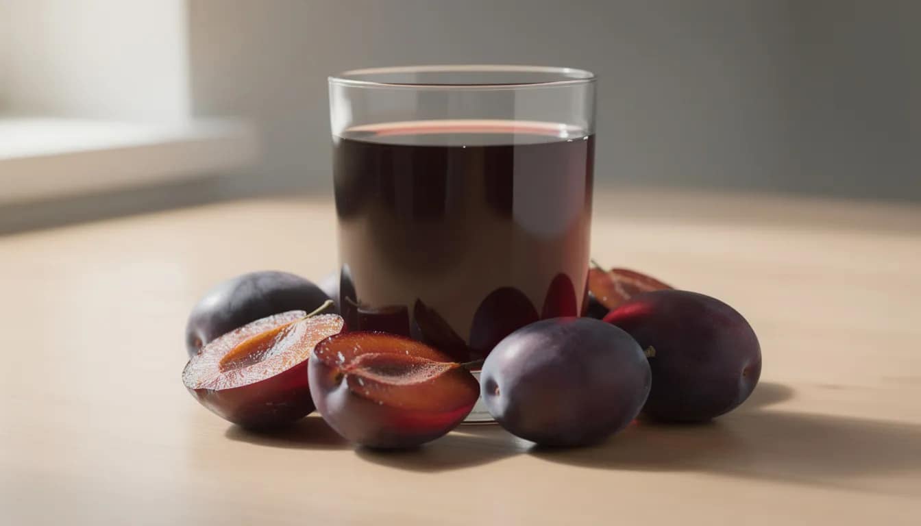 A glass of dark prune juice sits next to a few fresh prunes, showcasing a natural remedy known to relieve constipation and promote bowel regularity. This image highlights the importance of dietary fiber and hydration in maintaining a healthy digestive system.