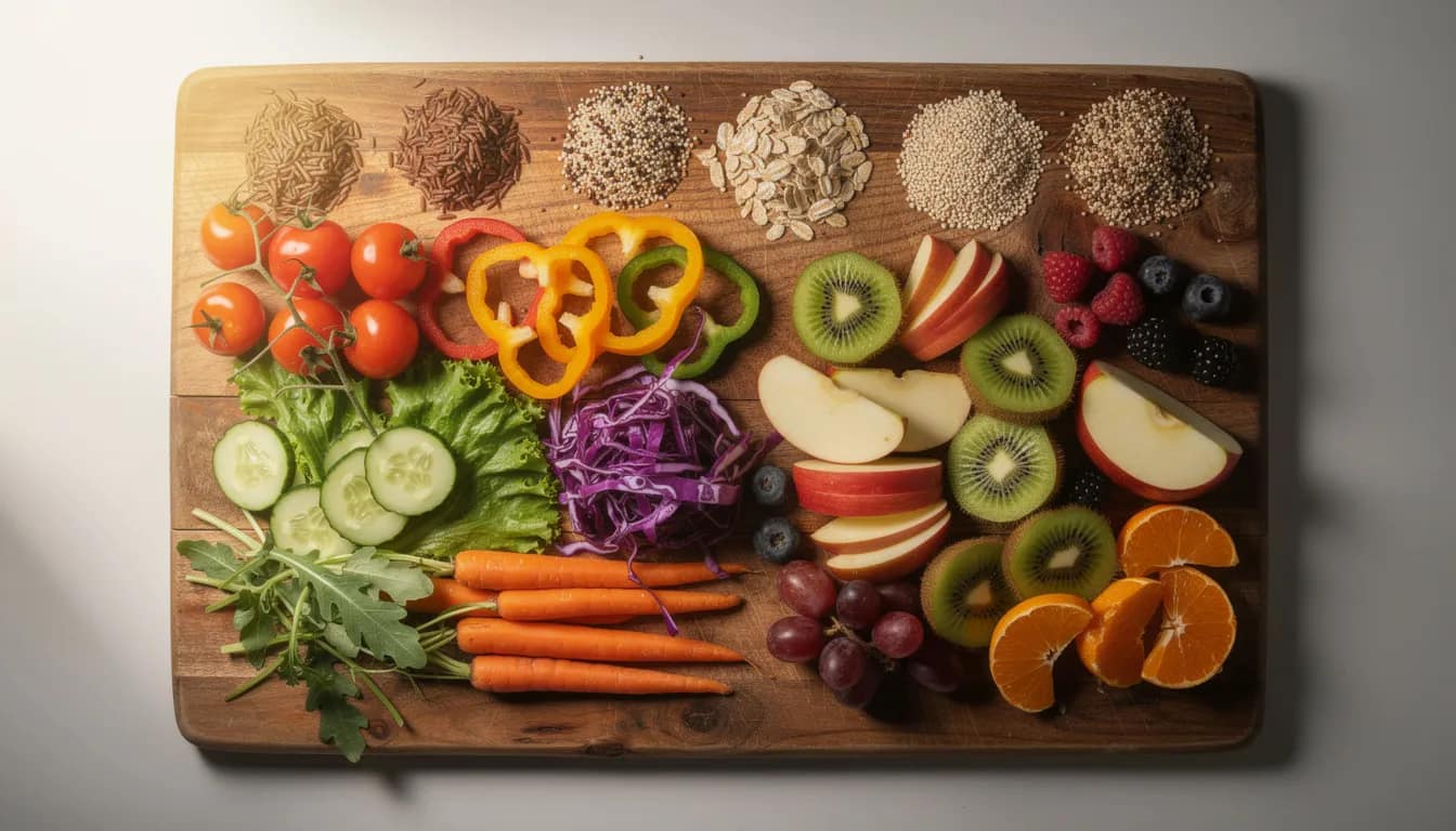 The image showcases a vibrant assortment of fresh vegetables, fruits, and whole grains beautifully arranged on a wooden cutting board, promoting good gut health and digestive health. This colorful spread emphasizes the importance of fiber-rich foods and whole foods for maintaining a healthy gut microbiome.