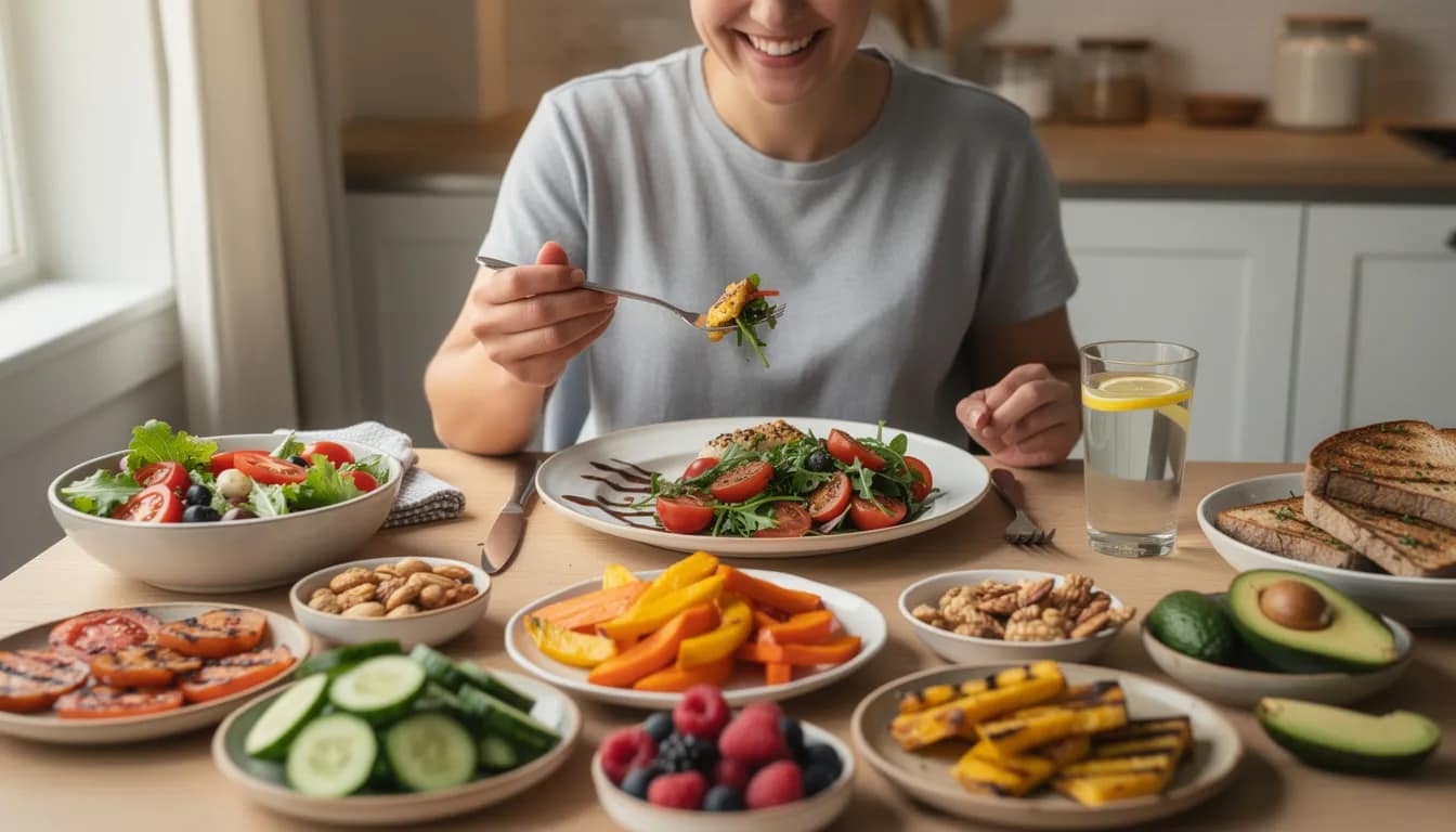 A person is enjoying a colorful meal at a dining table, surrounded by various foods that include vegetables, whole grains, and proteins. This scene highlights the importance of a balanced diet for digestive health, as the digestive process involves breaking down food in the stomach and small intestine for nutrient absorption.
