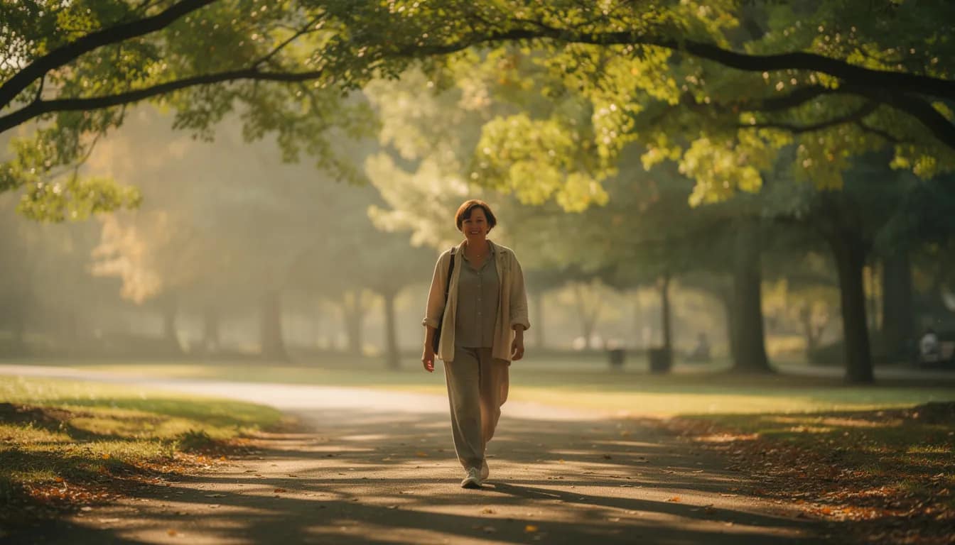 A person is leisurely walking along a tree-lined path after a meal, enjoying the outdoors. This relaxed activity can help promote gastric emptying and improve digestion, which may be beneficial for managing gastroparesis symptoms.