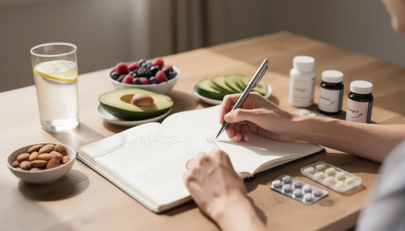 A person is sitting at a table, writing in a journal, surrounded by an array of healthy foods such as leafy greens and whole grains, along with various supplements aimed at supporting digestive health and improving gut motility. This scene highlights the importance of dietary modifications and lifestyle habits in managing conditions like irritable bowel syndrome and chronic constipation.