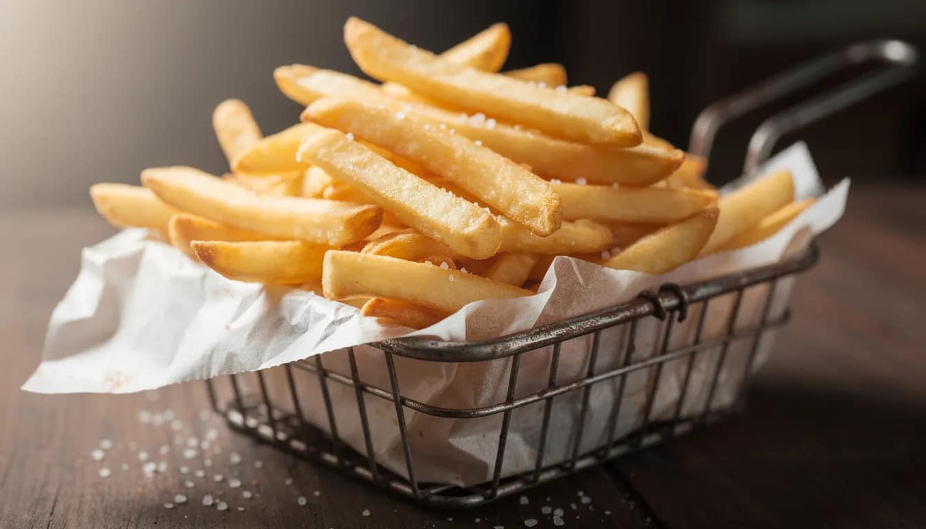 The image features a basket filled with golden, crispy french fries, lined with paper and sprinkled with visible salt crystals. While delicious, fried foods like these can negatively affect gut health and contribute to digestive issues if consumed in excess.