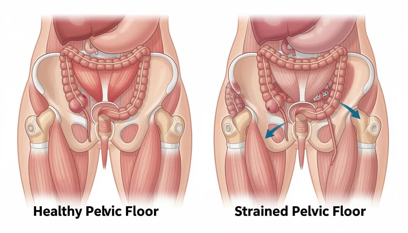 The image compares healthy pelvic floor muscles with strained ones, illustrating the differences in posture during bowel movements. It highlights the importance of optimal defecation posture for digestive health, showing how proper alignment can aid in achieving complete bowel movements and managing digestive conditions.