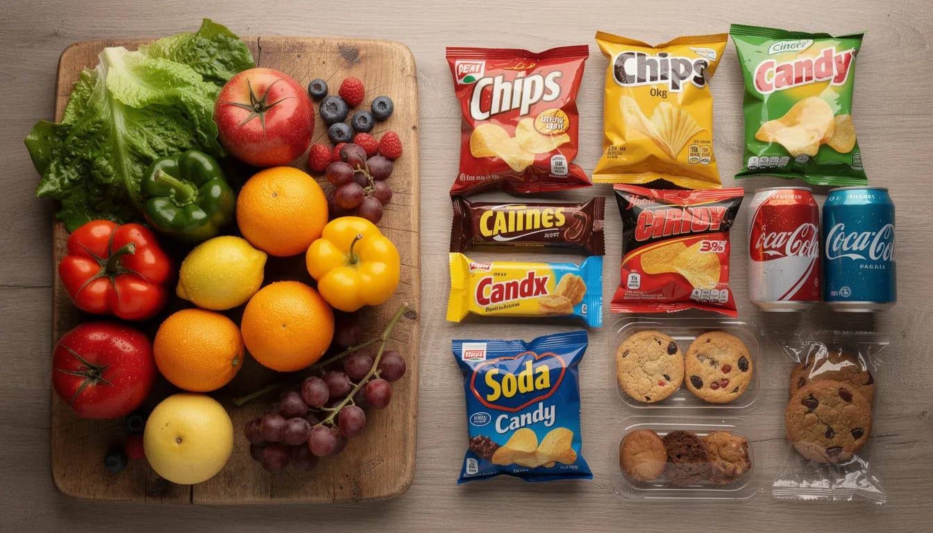 A wooden cutting board displays an array of vibrant, fresh vegetables and fruits, including leafy greens and colorful peppers, alongside a contrasting selection of processed packaged snacks. This image highlights the importance of incorporating high fiber foods into your diet for digestive health and to relieve constipation, while also showcasing foods to avoid for better bowel movements.