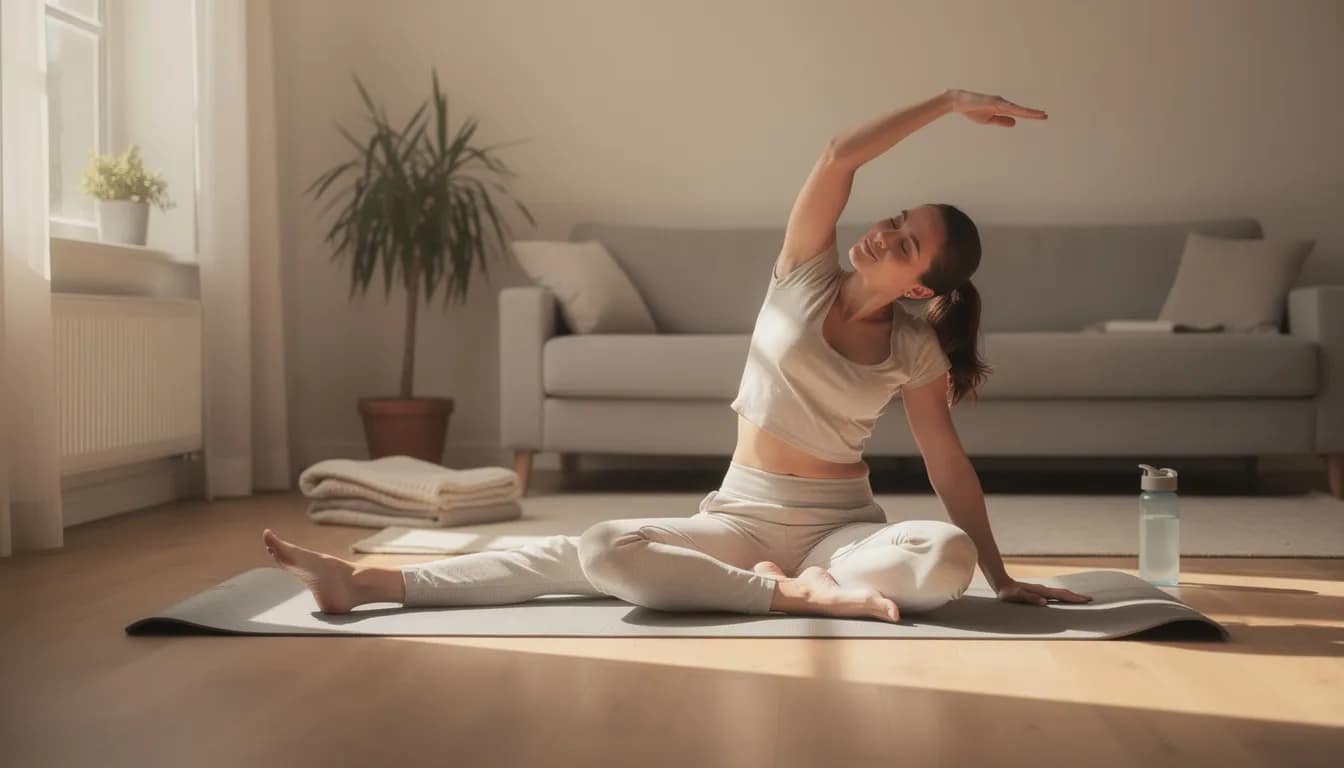 A person is performing gentle yoga stretches on an exercise mat, promoting relaxation and encouraging bowel movements, which can help relieve constipation and support overall digestive health. The serene environment enhances the practice, making it a perfect addition to a daily routine aimed at improving gut health and preventing constipation.