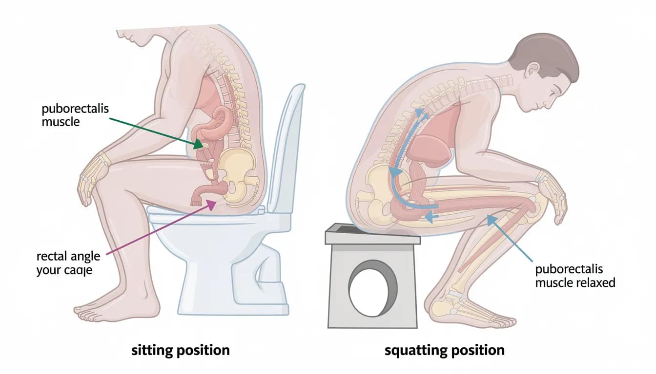 The image illustrates the anatomical differences in rectal angles between sitting and squatting positions, highlighting how the squatting position can facilitate complete bowel movements by relaxing the pelvic floor muscles and alleviating pressure on the rectum. This comparison emphasizes the importance of defecation posture for promoting digestive health and relieving constipation.