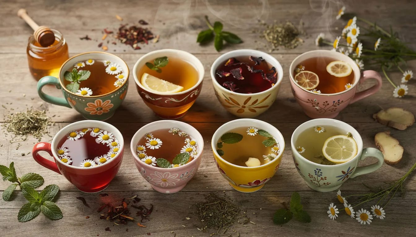 The image features a vibrant assortment of herbal teas displayed in colorful ceramic cups, highlighting varieties like peppermint, ginger, and chamomile, each known for their digestive benefits and support for gut health. This visually appealing arrangement promotes healthy digestion and can enhance nutrient absorption while offering a calming aesthetic.