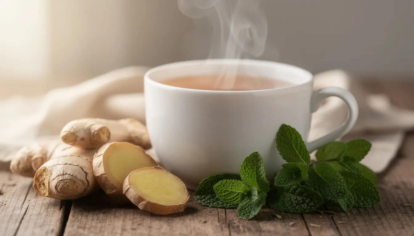 A steaming cup of herbal tea sits next to a fresh ginger root and vibrant mint leaves, symbolizing a natural approach to enhancing digestive health and promoting regular bowel movements. This soothing arrangement highlights the importance of incorporating fiber-rich foods and healthy gut bacteria for optimal gut health.
