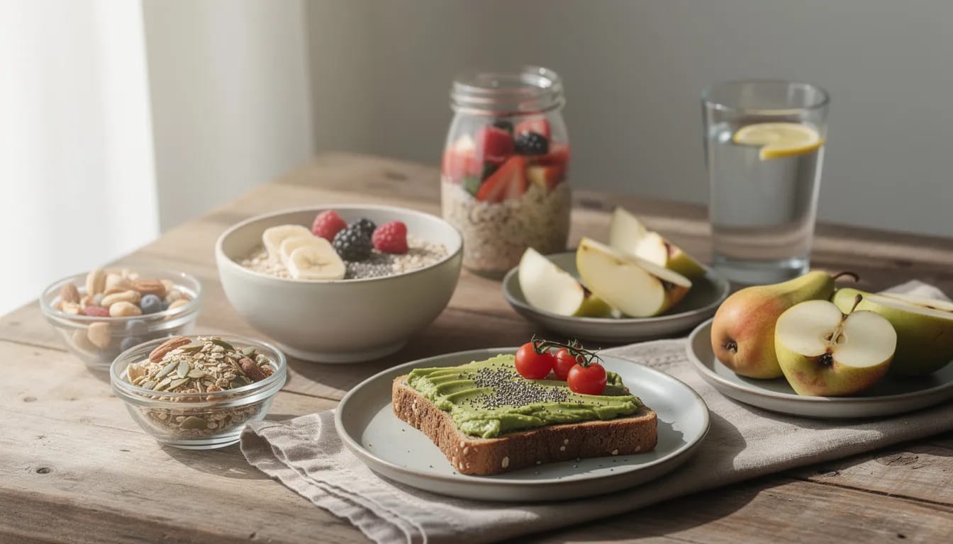 A healthy breakfast featuring high-fiber foods is displayed on a rustic wooden table, promoting digestive health and regular bowel movements. The meal includes whole grains, fruits, and perhaps a glass of warm water, ideal for easing constipation and supporting gut health.