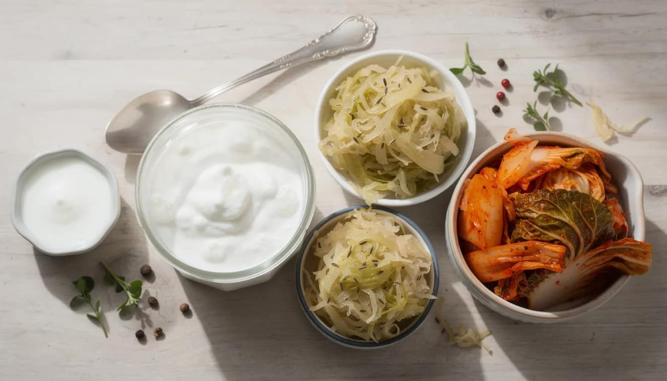 The image features an assortment of fermented foods, including yogurt, kefir, sauerkraut, and kimchi, all beautifully arranged in small bowls. These foods are known to support digestive health and improve gut motility, making them beneficial for individuals experiencing issues like irritable bowel syndrome or chronic constipation.