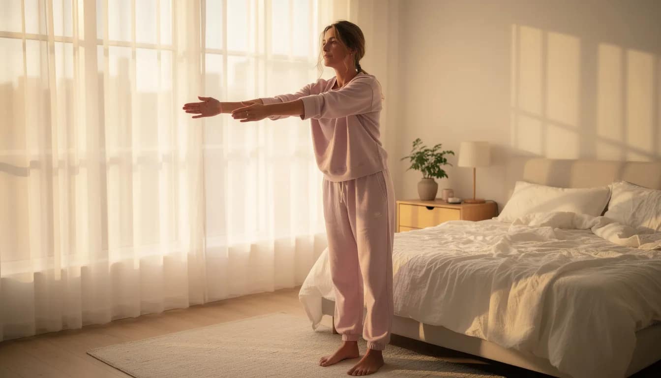 A woman is performing gentle morning stretches in a bright bedroom, incorporating yoga poses to enhance her morning routine and promote digestive health. The soft light creates a calming atmosphere, ideal for deep breathing and relaxation, which may help ease constipation and support regular bowel movements.