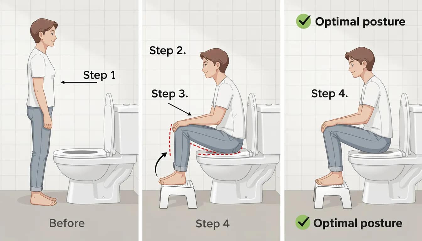 The image depicts a step-by-step demonstration of the optimal toilet posture using a footstool, highlighting the importance of maintaining knees higher than hips for effective bowel movements. This defecation posture modification device promotes digestive health by allowing for a straight line from the rectum to the anus, aiding in complete bowel movements and alleviating conditions like chronic constipation.