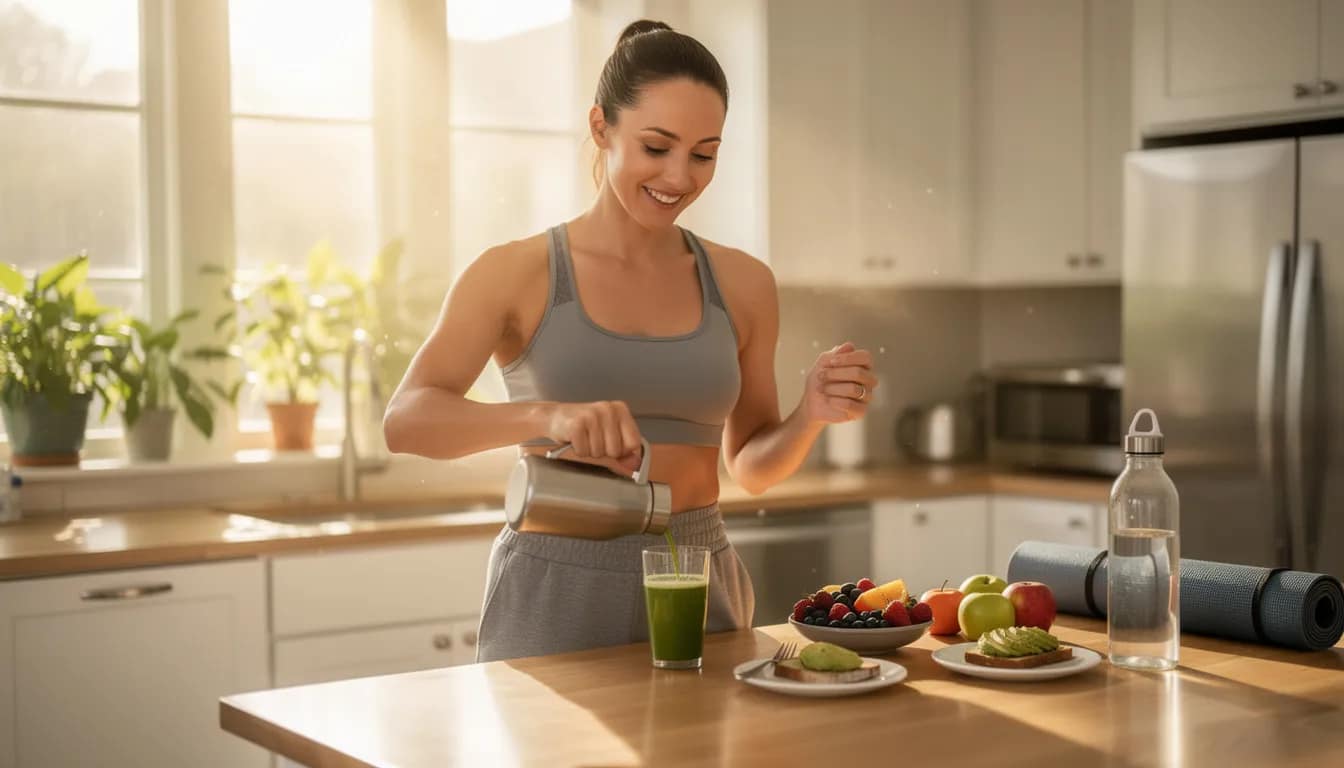 An energetic person is enjoying a healthy morning routine in a sunny kitchen, engaging in gentle stretches and deep breathing exercises to enhance their digestive health. They are drinking warm water with apple cider vinegar, promoting regular bowel movements and supporting gut health as part of their morning ritual.