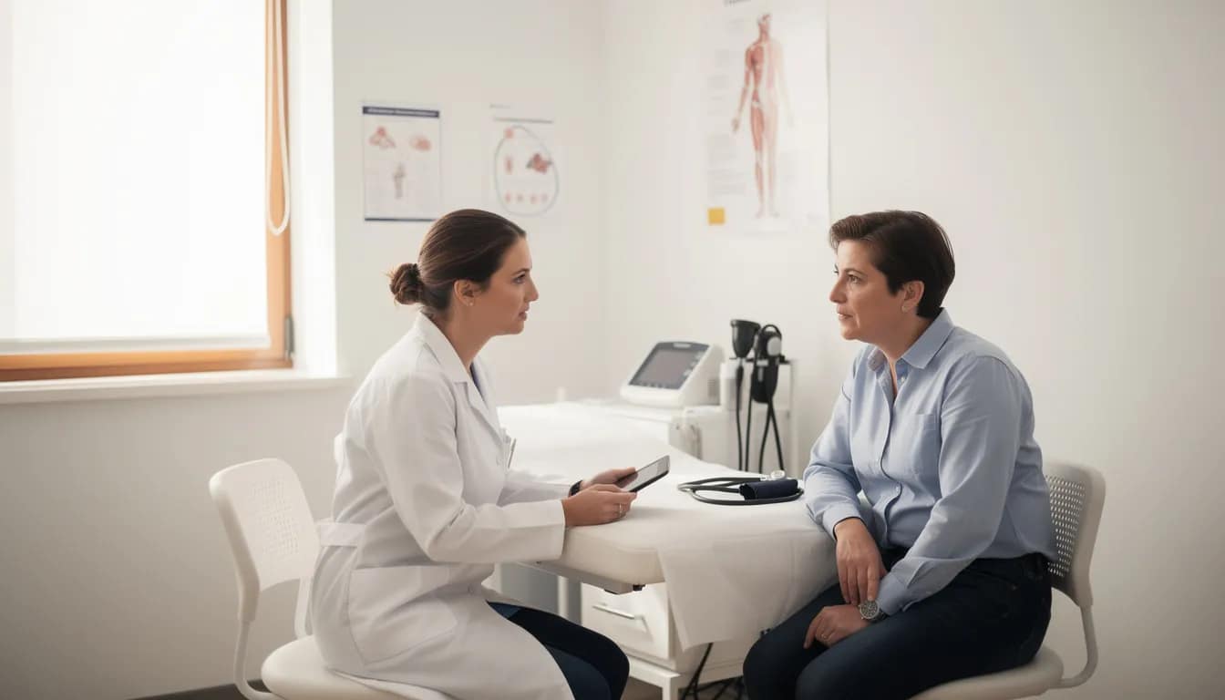 A person is sitting across from a healthcare provider in a medical office, discussing digestive health and potential solutions for chronic constipation. The provider is offering advice on methods to enhance gut health, including dietary changes and stress reduction techniques like deep breathing and gentle stretches.