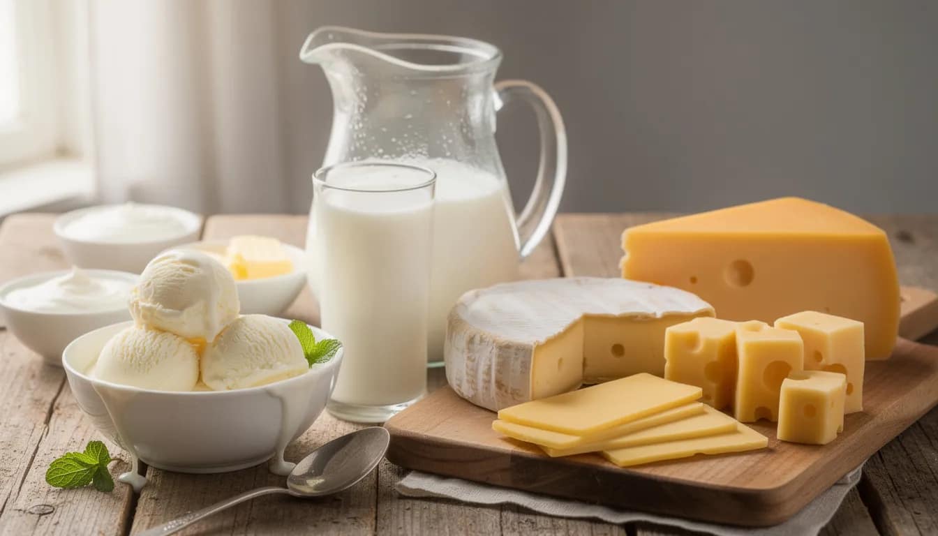 The image displays a variety of dairy products, including milk, cheese, and ice cream, arranged on a table. These foods can be part of a healthy diet, but it's important to balance them with high fiber foods to promote digestive health and relieve constipation symptoms.