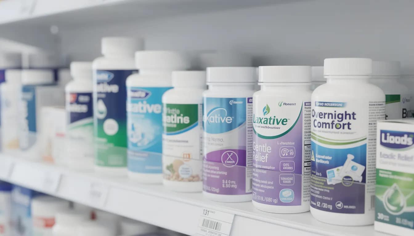 The image features various bottles of over-the-counter laxatives, designed to relieve constipation and promote regular bowel movements. These products include stimulant laxatives, stool softeners, and fiber supplements, all aimed at providing fast constipation relief and supporting digestive health.