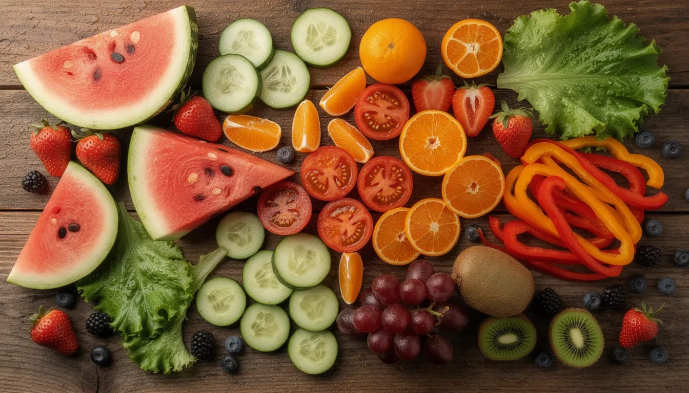 A vibrant assortment of high-water content fruits and vegetables, including cucumbers, watermelon, and bell peppers, is artfully arranged on a rustic wooden table. These hydrating foods support digestive health and help the body maintain proper hydration, essential for a healthy digestive system.