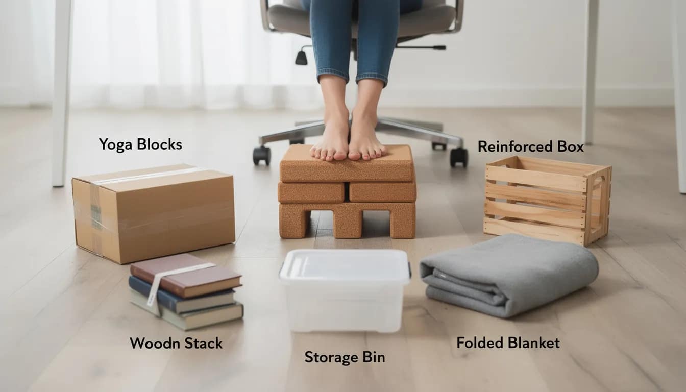 The image showcases various DIY footstool alternatives, including yoga blocks and boxes, designed to elevate the knees for an ideal defecation posture. These alternatives aim to promote complete bowel movements and relieve constipation by modifying the sitting position on modern toilets.