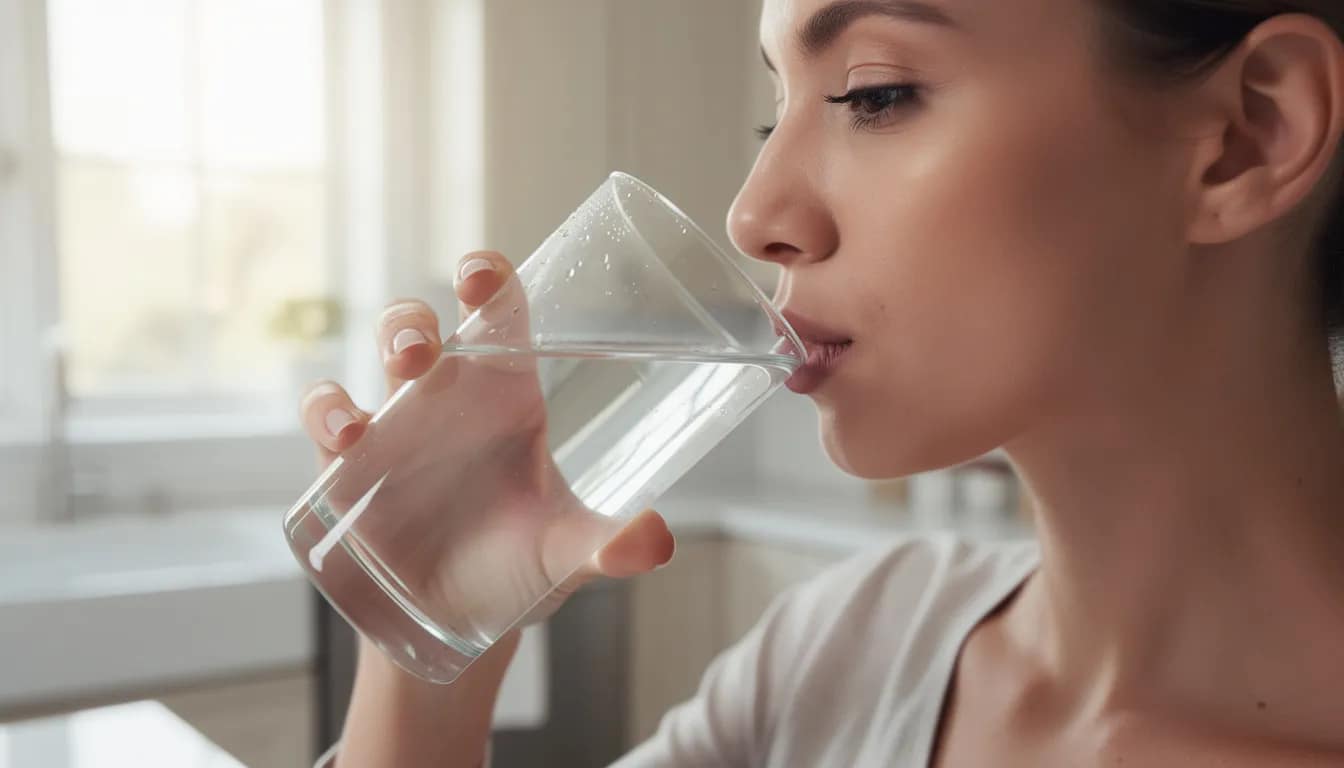 A person is enjoying a large glass of water in a bright kitchen, emphasizing the importance of proper hydration for a healthy digestive system and overall well-being. The image highlights the role of drinking water in aiding the digestive process and maintaining a healthy gut.