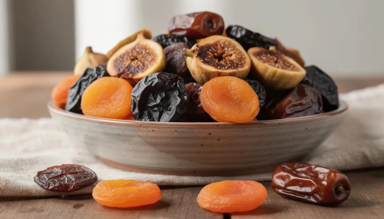 The image shows a bowl filled with a variety of dried fruits, including prunes, apricots, figs, and dates, which are known for their natural laxative effect and can help relieve constipation. These fiber-rich foods promote bowel regularity and are often recommended for those looking to encourage bowel movements and improve gut health.