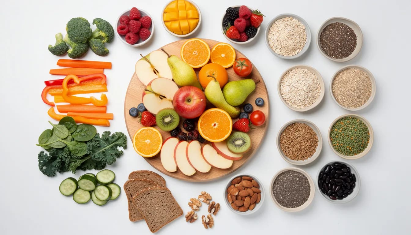 The image features a vibrant assortment of high fiber foods, including various fruits, vegetables, and whole grains, all of which are essential for maintaining a healthy digestive system and preventing constipation. These colorful foods can help relieve constipation symptoms and promote regular bowel movements by increasing fiber intake.