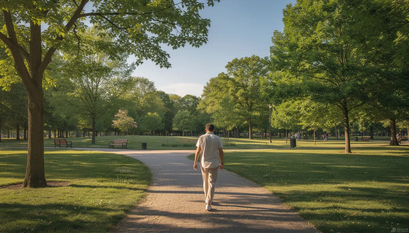 A person is walking along a sunny path in a park, surrounded by lush greenery and vibrant flowers. This outdoor scene captures the essence of physical activity, which is beneficial for digestive health and can aid in the entire digestive process, including how long it takes to digest food.