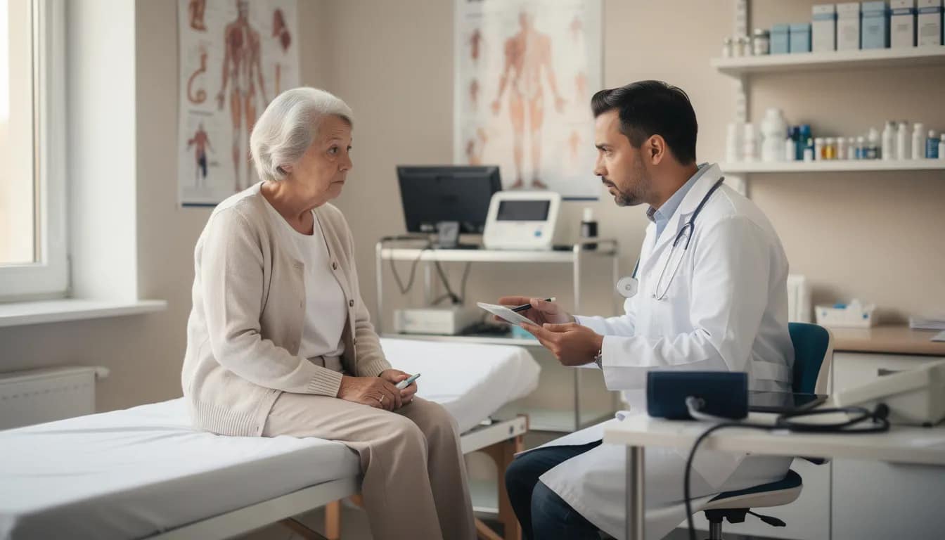 An elderly person is sitting in a medical office, consulting with a doctor about digestive issues, including symptoms of constipation and possible constipation remedies. The discussion likely includes dietary changes, such as increasing fiber intake and drinking plenty of water, to help relieve constipation and promote regular bowel movements.
