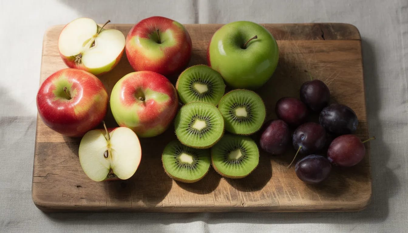 A vibrant assortment of fresh fruits, including kiwis, apples, and prunes, is beautifully arranged on a wooden cutting board, highlighting their rich colors and textures. These fiber-rich foods can contribute to digestive health, promoting regular bowel movements and overall gut health.