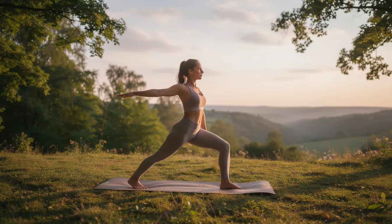 A person is practicing yoga poses on a mat in a serene outdoor environment, promoting relaxation and mindfulness, which can positively impact gut motility and overall digestive health. The peaceful setting suggests a connection to the body's digestive system, potentially aiding in the management of conditions like irritable bowel syndrome and chronic constipation.