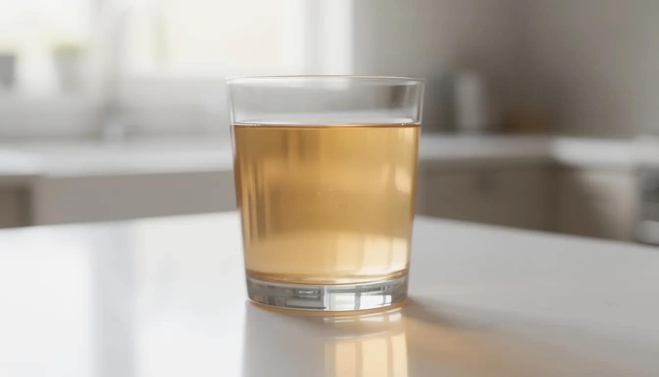 A full glass of water sits on a clean kitchen counter, accompanied by a small bottle of apple cider vinegar, suggesting a morning ritual that may support digestive health and ease constipation. This setup emphasizes hydration and the potential benefits of incorporating apple cider vinegar into your diet for improved gut health.