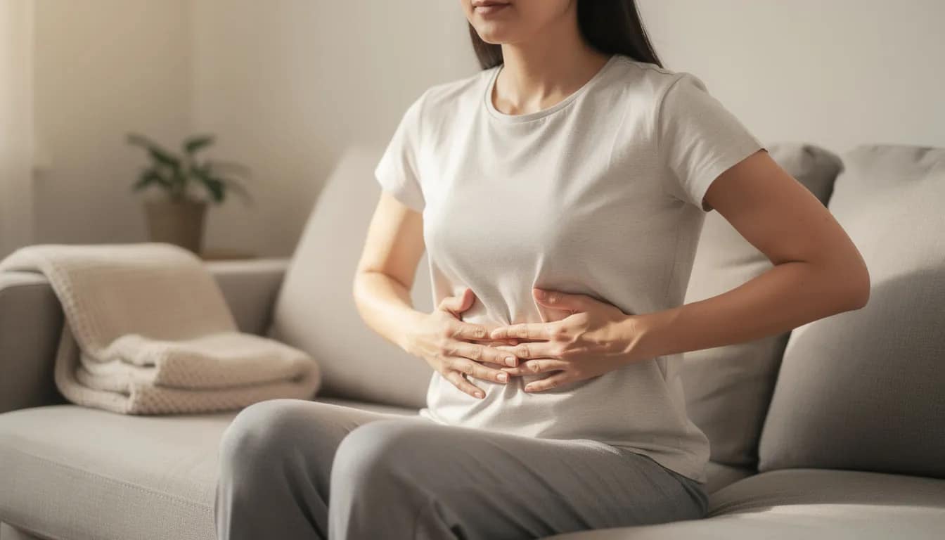 A person is sitting comfortably while performing a gentle abdominal massage, which can help relieve constipation and promote bowel regularity. This technique may encourage bowel movements and support overall gut health.