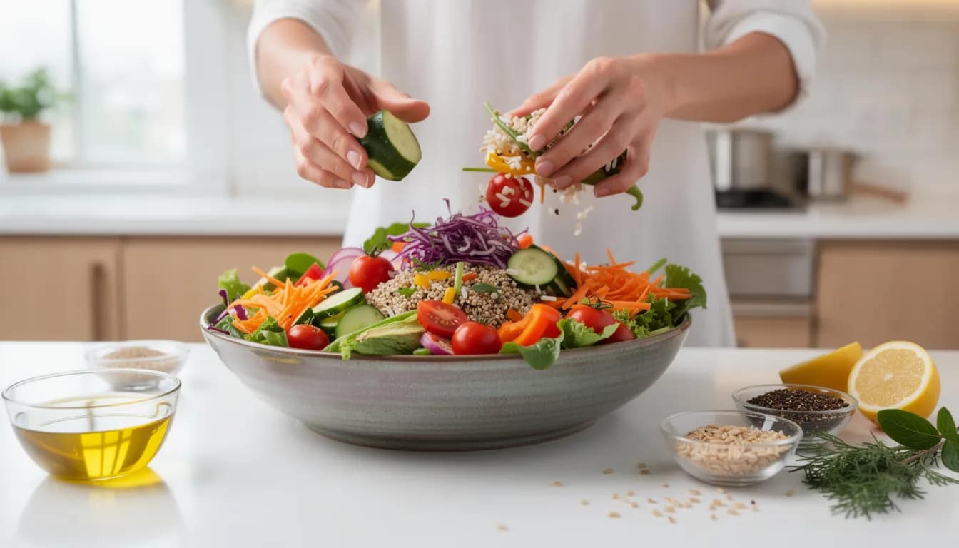 A person is preparing a vibrant salad in a bright kitchen, featuring an assortment of colorful vegetables and whole grains, which are beneficial for digestive health and can help promote regular bowel movements. The inclusion of leafy greens and fiber-rich foods supports a healthy gut microbiome, essential for overall gut health.